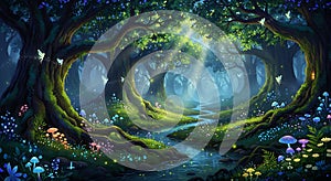 Magical fairy forest with glowing stream and mushrooms