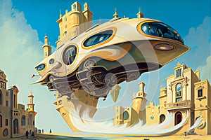 An enchanting illustration of a fantastical levitating vehicle, ready to transport you to a world of imagination and