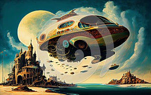 An enchanting illustration of a fantastical levitating vehicle, ready to transport you to a world of imagination and