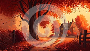 Enchanting illustration portraying the serenity of autumn, with a forest showcasing trees donning yellow and orange leaves, set