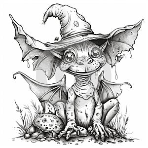 Enchanting Illustration of a Wide-Eyed Dragon Hatchling Wearing a Witchs Hat photo