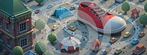 Giant Red Sneaker Dominates Whimsical Miniature Cityscape Adventure