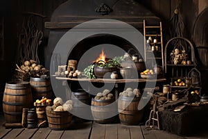 An enchanting images showcasing the rustic charm of grain-filled baskets and wooden barrels. Generative Ai photo
