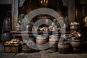 An enchanting images showcasing the rustic charm of grain-filled baskets and wooden barrels. Generative Ai photo