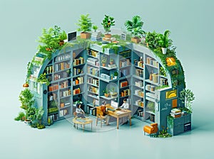 Enchanting Isometric Bookcase Oasis with Miniature Scholars Immersed in Research Amidst Verdant Foliage and Stacks of Knowledge photo
