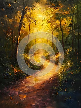 Enchanting Journey: A Sunlit Path through a Forest of Artistic S photo