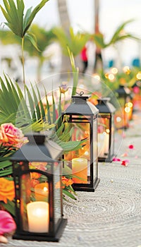 Enchanting lantern lit courtyard with greenery, flowers, and traditional charm in warm glow.