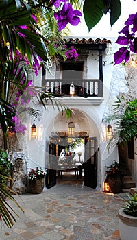 Enchanting lantern lit courtyard with lush greenery, colorful flowers, and traditional charm