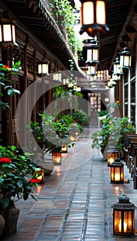 Enchanting lantern lit courtyard with lush greenery, colorful flowers, and traditional charm