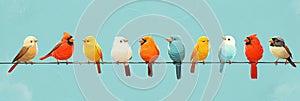 An enchanting line-up of pastel-colored birds sitting on a wire against a soft blue sky