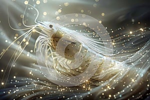 Enchanting Luminescent Shrimp Amongst Sparkling Ocean Particles in a Mystical Underwater Scene