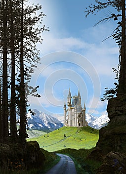 Enchanting magic princess fairy tale castle in the mountains photo
