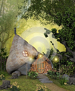 Enchanting magical fairy shell home in a deep forest