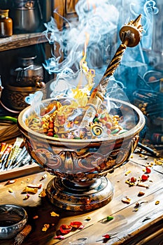 Enchanting Magical Potion Brewing in Ornate Bowl with Fiery Flames and Mystic Smoke in Vintage Wizard\'s Workshop