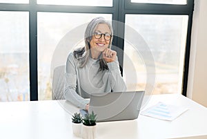 Enchanting mature businesswoman looks at camera and smiles