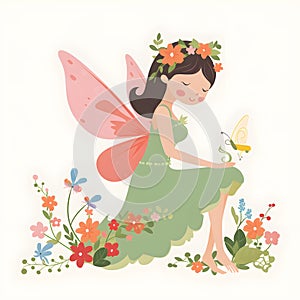 Enchanting meadow sprite, adorable illustration of a colorful fairy with cute wings and floral delights