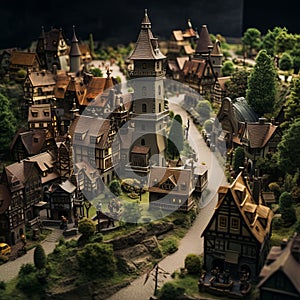 Enchanting Medieval Village Diorama with half-timbered houses