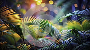 Enchanting Miniature Tropical Scene TiltShift Ghosting Effect on Palm Leaves Capturing a Surreal Paradise in Miniature photo