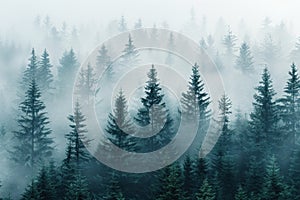 Enchanting Misty Forest Landscape with Tall Pine Trees on a Foggy Morning photo