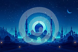 Enchanting Mosque Silhouettes Against Full Moon and Starry Sky