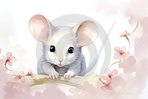 An enchanting mouse amidst cherry blossoms, radiating innocence and spring's gentle joy