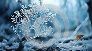 Frozen plants in the winter forest. Beautiful nature background with copy space. photo