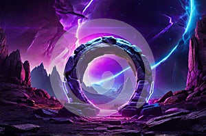 Enchanting Neon Fantasy Portal: Explore a Futuristic Holographic Wonderland with Mesmerizing Laser Lines.