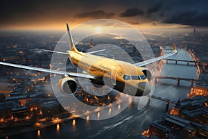 Enchanting night flight. glittering civilian aircraft soaring over captivating urban landscape