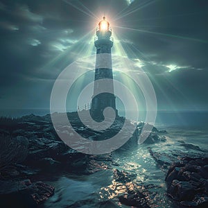 Enchanting night Mystical light beams from an ancient haunted lighthouse