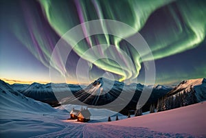 Enchanting Night Scene: Aurora Over Mountain Cabin
