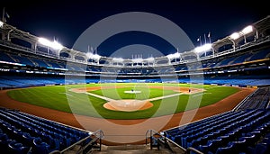 Enchanting night scene of an illuminated baseball stadium with empty stands and a radiant diamond.