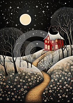 Enchanting Night: A Surreal Journey through a Red House and Snow