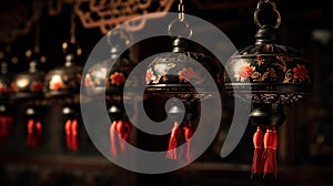 Enchanting Nighttime Glow of Chinese Lanterns on Intricate Lacquered Wall photo