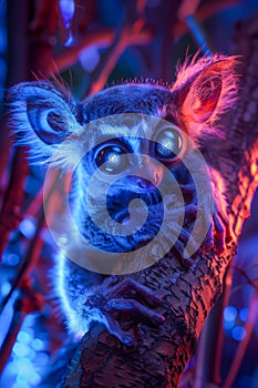 Enchanting Nocturnal Bush Baby with Large Eyes in Neon Light