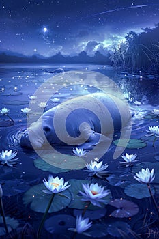 Enchanting Nocturnal Scene with Manatee Amongst Water Lilies Under a Starlit Sky with Northern Lights