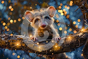 Enchanting Nocturnal Sugar Glider on a Twinkling Light Adorned Tree Branch Against a Deep Blue Dusk Sky