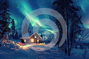 Enchanting Northern Lights Over Cozy Winter Cabin, Nature\'s Beauty Concept