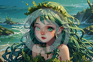 Enchanting Odyssey The Adult Seaweed Fairy - Gilded Eyes, Wrapped in Seaweed, with Azure-Green Skin