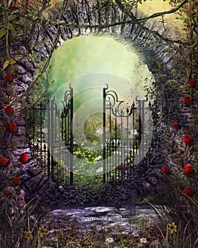 Enchanting Old Garden Gate with Ivy and Flowers