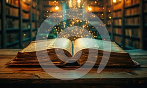 Enchanting open book on a wooden table with a mystical glow, in a vintage library setting, inviting a magical journey through