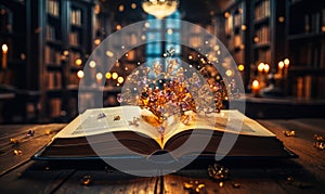 Enchanting open book on a wooden table with a mystical glow, in a vintage library setting, inviting a magical journey through