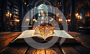 Enchanting open book on a wooden table with a mystical glow, in a vintage library setting, inviting a magical journey through