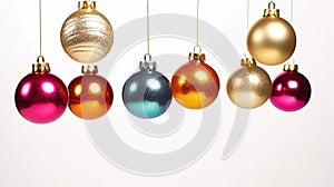 Enchanting Ornaments, Gleaming Christmas Balls Suspended in Air, Infusing the White Background with Holiday Magic. Generative AI