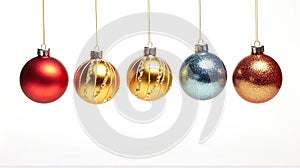 Enchanting Ornaments, Gleaming Christmas Balls Suspended in Air, Infusing the White Background with Holiday Magic. Generative AI