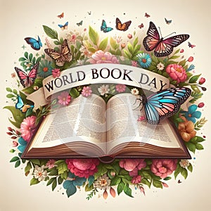 Enchanting pages: a celebration of world book day with magical open book and butterflies photo