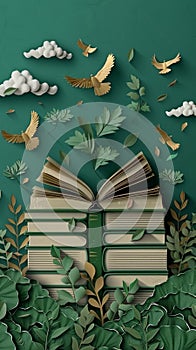 Enchanting Paper Art Open Book with Flying Birds and Lush Greenery Captivating 3D Illustration on Emerald Green Background photo