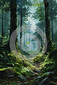 Enchanting Pathways: A Masterful Illustration of a Young Forest