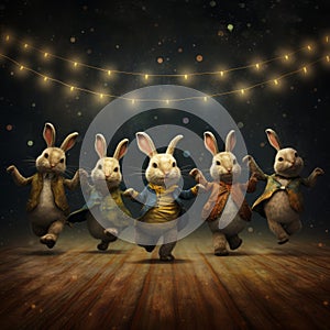 Enchanting Photorealistic Rendering Of Four Rabbits Dancing With Lanterns