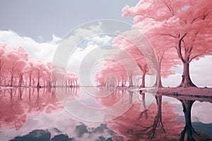 Enchanting Pink magical forest lake. Generate Ai