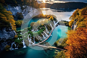Enchanting Plitvice Lakes: Turquoise Waters, Autumn Foliage, and Golden Hour Glow